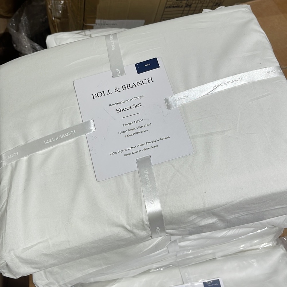 NEW BOLL & BRANCH PERCALE BANDED STRIPE WHITE/NAVY SHEET SET IN KING & QUEEN - Picture 2 of 2